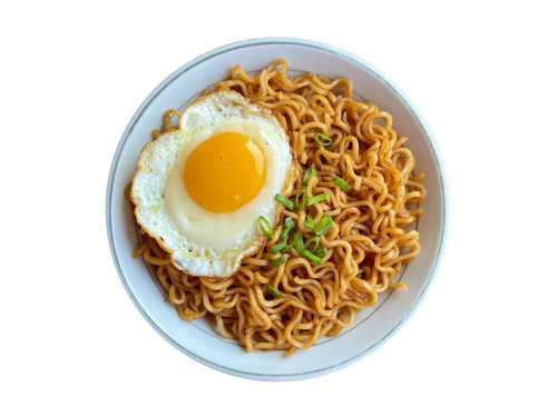Indomie fried noodles. Indomie stir fry noodles on white background isolated. A bowl of instant nood