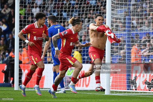 LEICESTER, ENGLAND - APRIL 20: Trent Alexander-Arnold of Liverpool celebrates scoring his team's fir.jpg