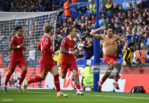 LEICESTER, ENGLAND - APRIL 20: Trent Alexander-Arnold of Liverpool celebrates scoring his team's fir.jpg