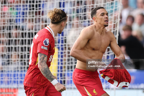 LEICESTER, ENGLAND - APRIL 20: Trent Alexander-Arnold of Liverpool celebrates scoring the first goal.jpg