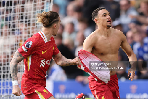 LEICESTER, ENGLAND - APRIL 20: Trent Alexander-Arnold of Liverpool celebrates scoring the first goal.jpg
