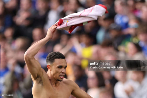LEICESTER, ENGLAND - APRIL 20: Trent Alexander-Arnold of Liverpool celebrates scoring the first goal.jpg