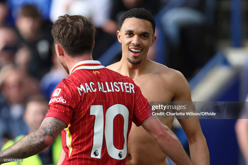 LEICESTER, ENGLAND - APRIL 20: Trent Alexander-Arnold of Liverpool celebrates scoring the opening go.jpg