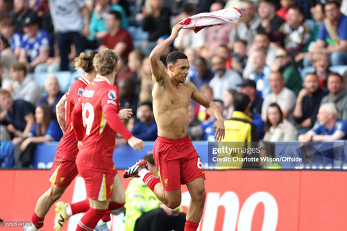 LEICESTER, ENGLAND - APRIL 20: Trent Alexander-Arnold of Liverpool celebrates scoring the opening go.jpg