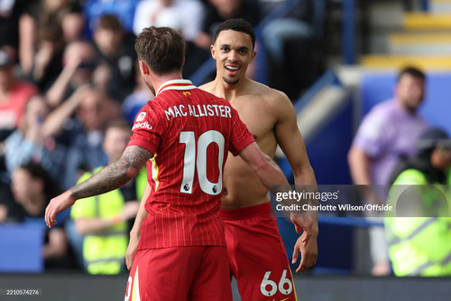LEICESTER, ENGLAND - APRIL 20: Trent Alexander-Arnold of Liverpool celebrates scoring the opening go.jpg