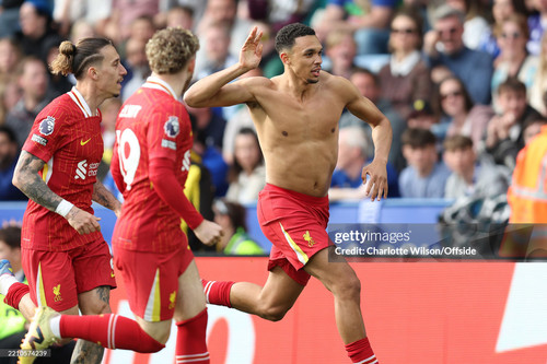 LEICESTER, ENGLAND - APRIL 20: Trent Alexander-Arnold of Liverpool celebrates scoring the opening go.jpg