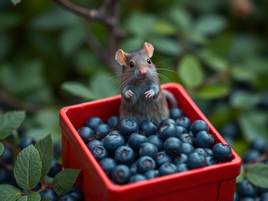 A red box of blue berries with a rat dancing inside