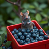 www.naked-ai.art - A red box of blue berries with a rat dancing inside