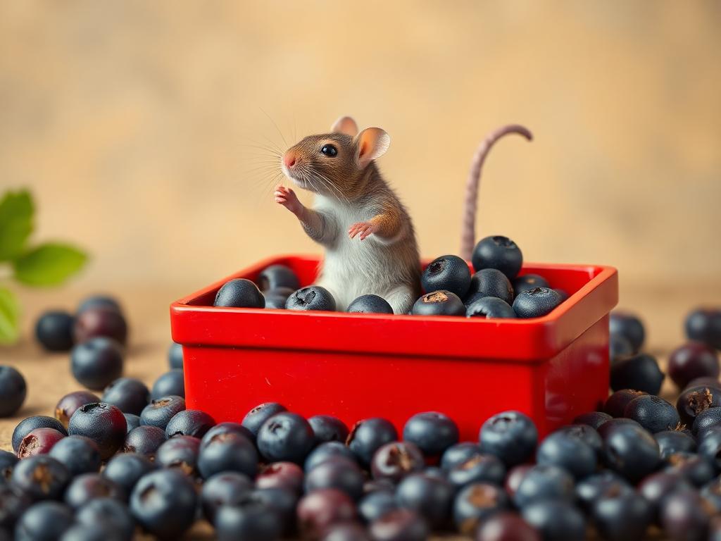 A red box of blue berries with a rat dancing inside