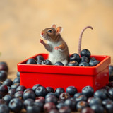 www.naked-ai.art - A red box of blue berries with a rat dancing inside
