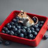 www.naked-ai.art - A red box of blue berries with a rat dancing inside