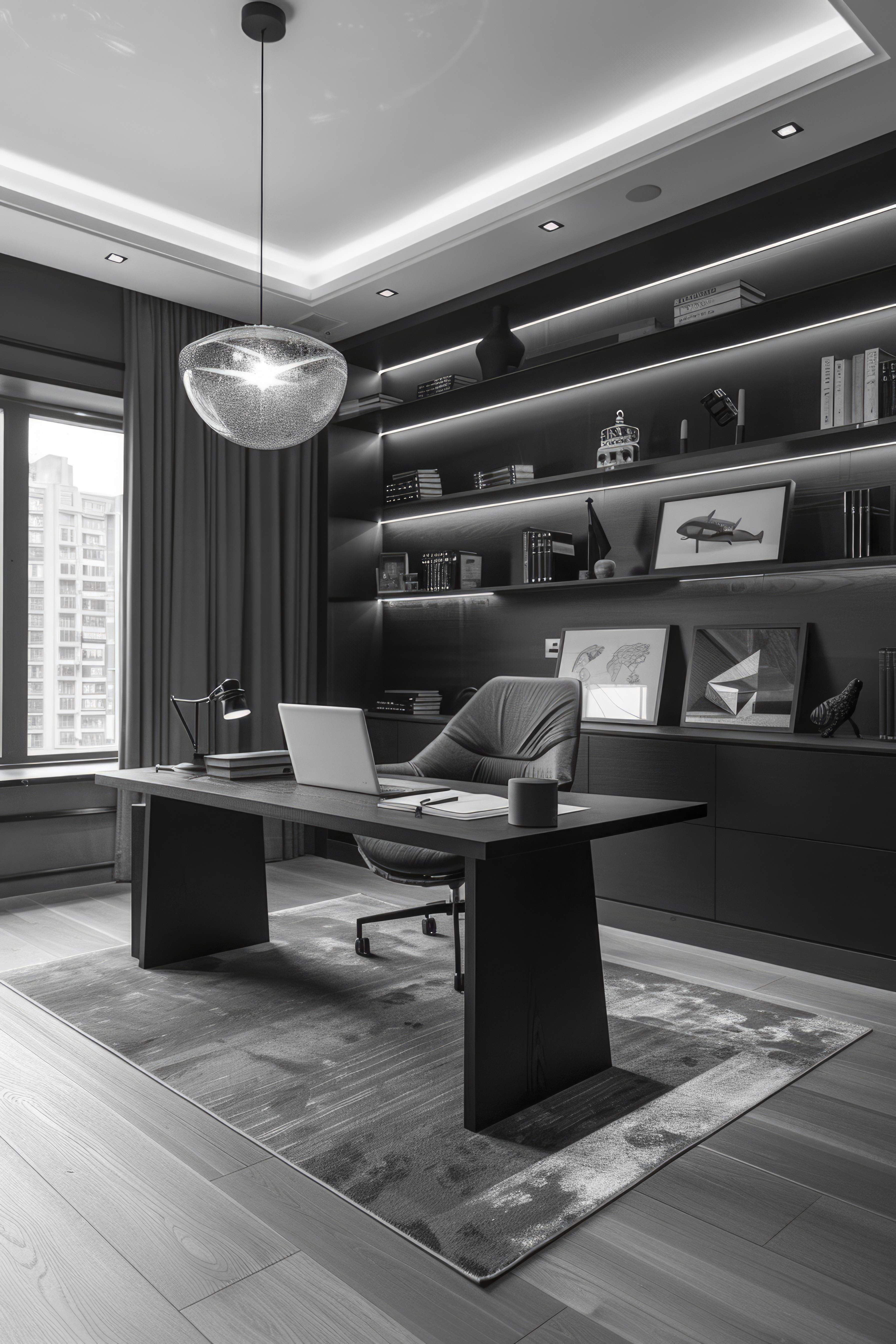 minimalistic office area, black and white --ar 2:3 --style raw --stylize 250 Job ID: 0f2fe919-242c-4