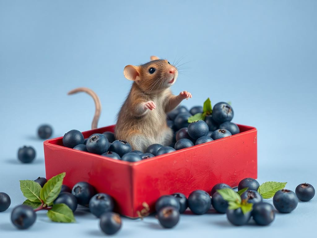A red box of blue berries with a rat dancing inside