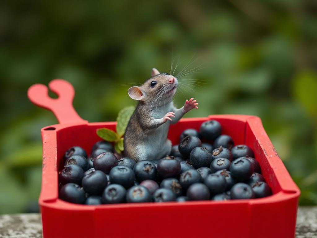 A red box of blue berries with a rat dancing inside