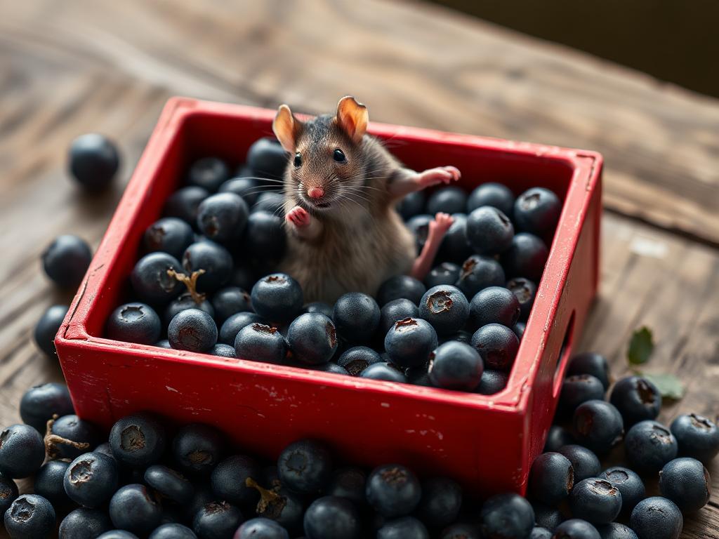 A red box of blue berries with a rat dancing inside