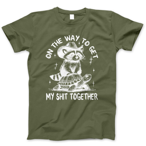 Photograph of four blank t-shirts greys beige and army green. Clipping path included. Ready for your.jpg