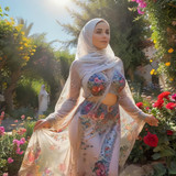 www.naked-ai.art - Middle Eastern woman with a hijab wearing a traditional outfit standing in a lush