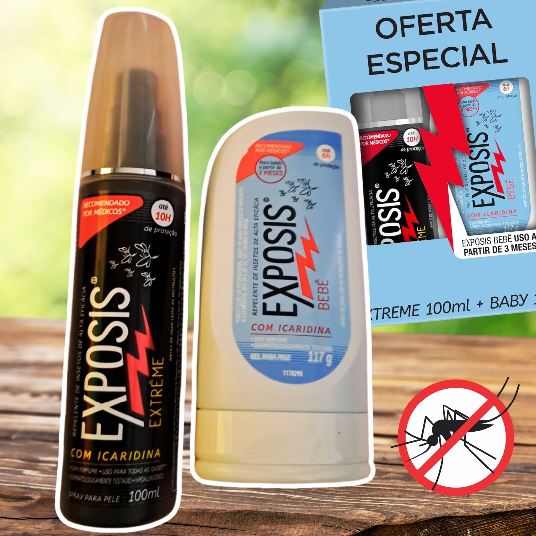 Exposis Extreme, Repelente Spray de Mosquitos 100ml e Exposis Bebê, Repelente Gel de Mosquitos 117g