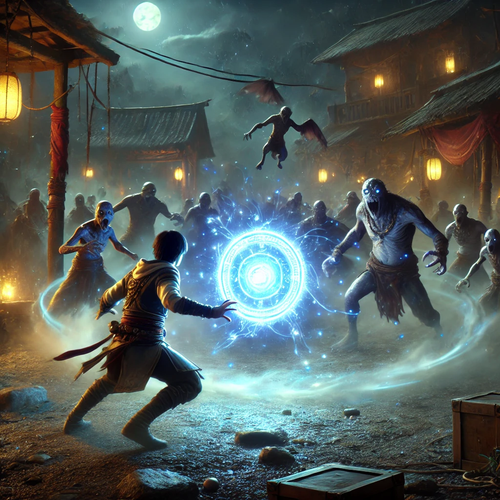 DALL·E 2025 02 23 17.56.15 A fierce battle in a mystical village at night, where a young warrior wit.png