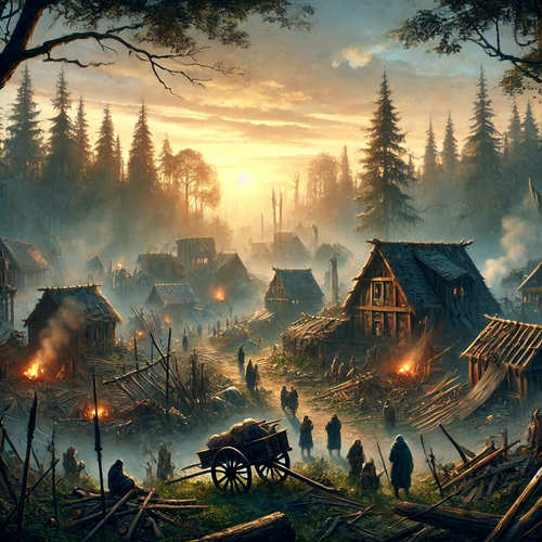 DALL·E 2025 02 23 18.45.47 A mystical village in the aftermath of a great battle. The village shows .png