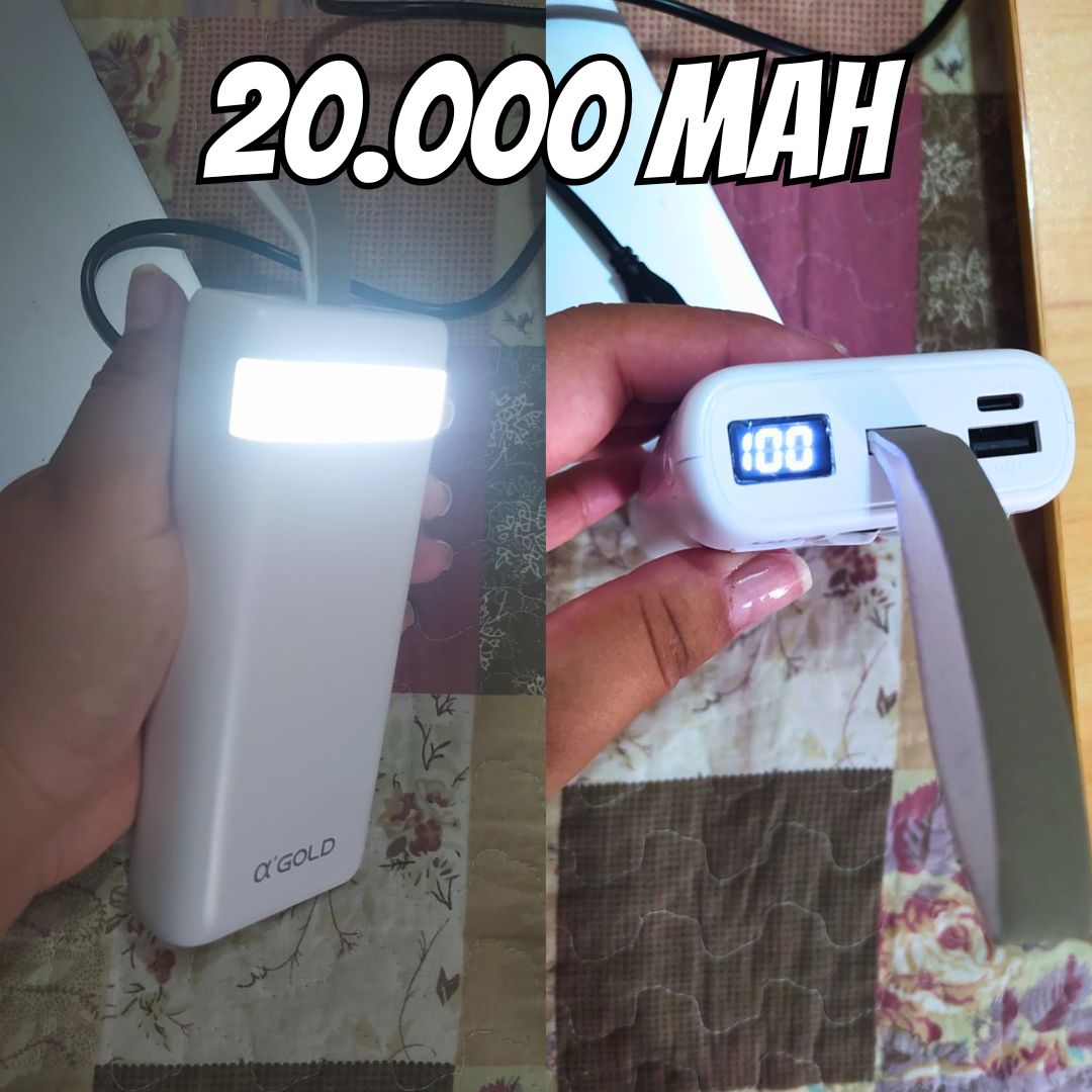 Carregador Portátil Power Bank Turbo 20000mah sem fio Universal com 4 cabos saída USB Tipo C/Micro USB. Visor de Carga e Lanterna (Branco)