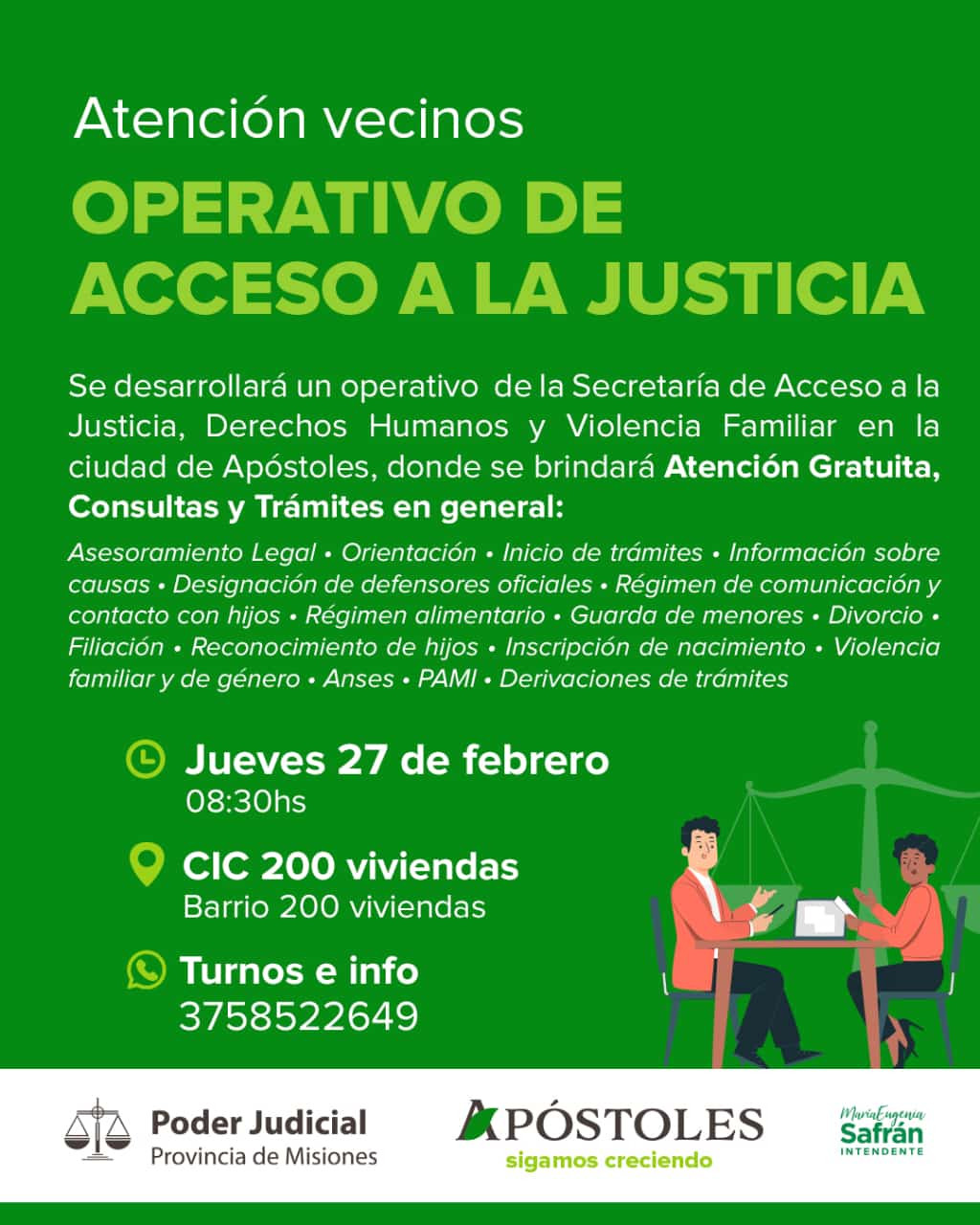 Importante Operativo de acceso a la Justicia en Apóstoles el próximo Jueves 27 de febrero en el Barrio 200 Viviendas