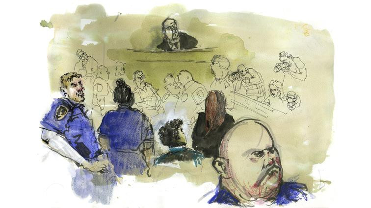 None The scene in the courtroom at the February 21 hearing in People v. Mangione in New York City. Top: Judge Gregory Carro, center left: Luigi Mangione, center right: Karen Friedman Agnifilo