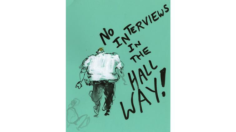 None A police officer loudly declares that no interviews are allowed in the packed hallway outside of the courtroom.