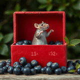 www.naked-ai.art - A red box of blue berries with a rat dancing inside