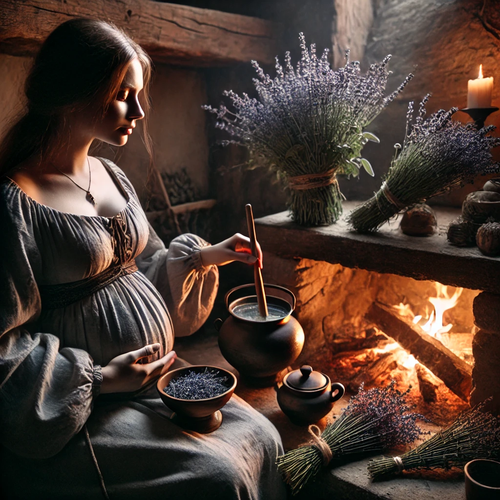 DALL·E 2025 02 26 18.32.29 A pregnant medieval woman sitting by a warm hearth, carefully preparing a.png
