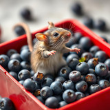 www.naked-ai.art - A red box of blue berries with a rat dancing inside