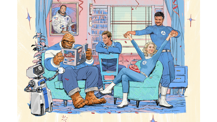 None A man made of orange rocks reading a magazine and sitting in an armchair next to another man sitting in a backward chair. To their right sits a woman on another cushioned chair with her arms being held up by another man who’s standing behind her.