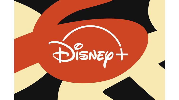 None The Disney Plus logo in the middle of orange and beige circular shapes.