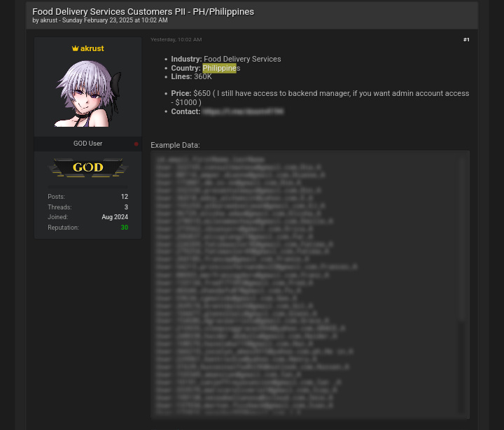 Hacker Claims to Sell Data of 360,000 Customers from Philippine Food Delivery Service