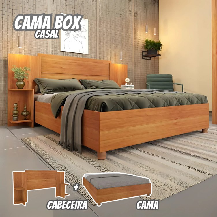 Cama Box Casal Monaco Queen Com Painel E Mesa De Cabeceira