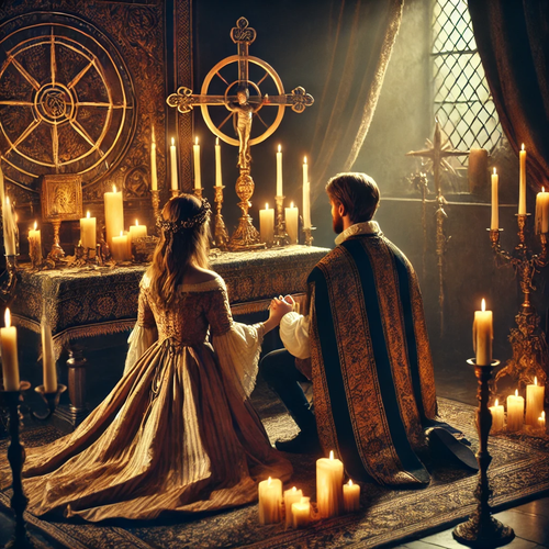 DALL·E 2025 02 26 18.24.56 A noble couple kneeling before an altar, surrounded by candles and sacred.png