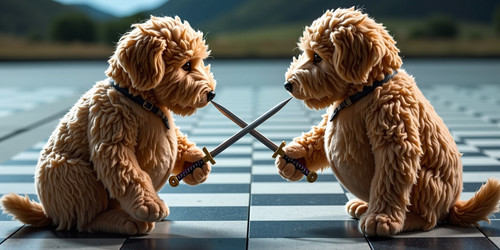 An exhilarating scene of a plush labradoodle with an absurdly large spherical belly usually sitting .jpg