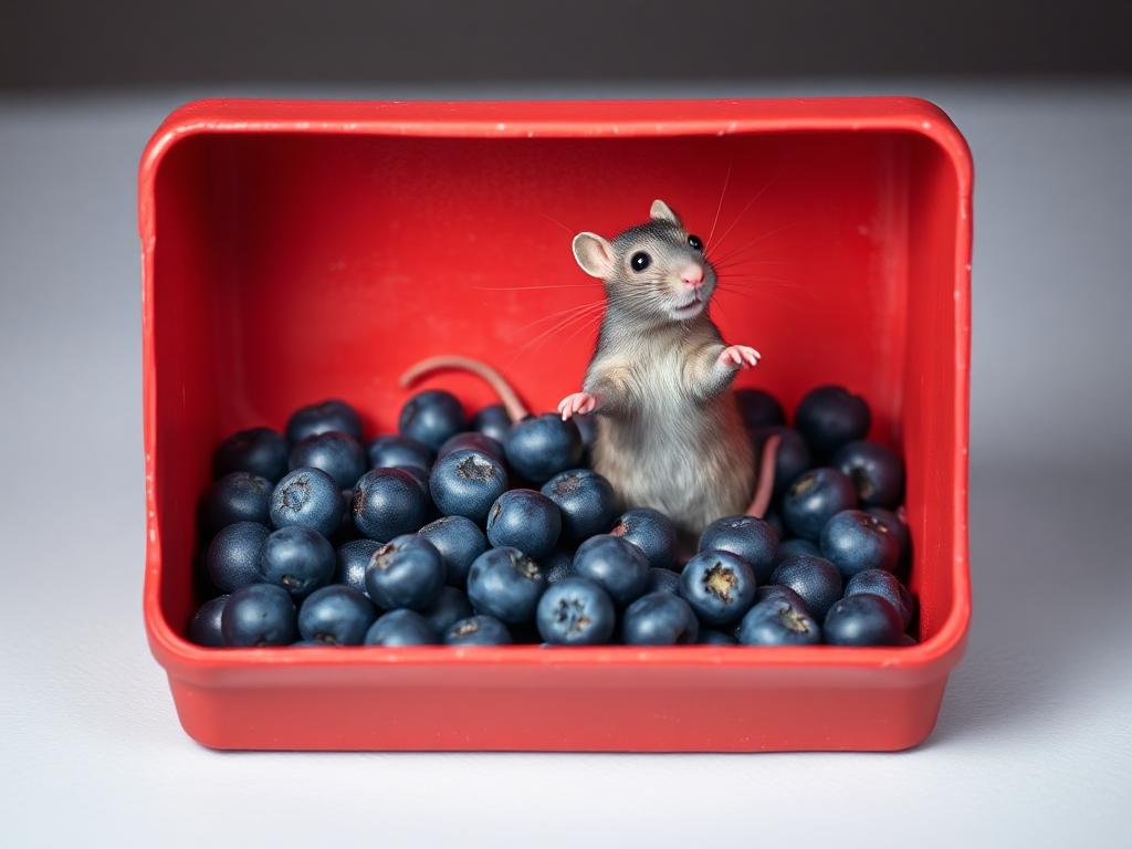 A red box of blue berries with a rat dancing inside