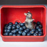 www.naked-ai.art - A red box of blue berries with a rat dancing inside