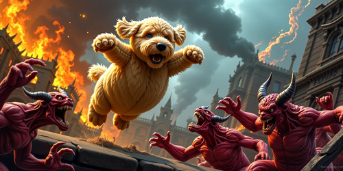 A dynamic and exhilarating scene of a plush labradoodle with an absurdly large spherical belly usual.jpg