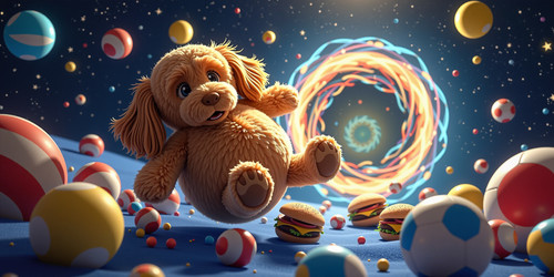 A captivating and otherworldly scene featuring a plush labradoodle with an absurdly large spherical .jpg