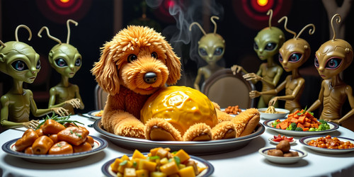  A delectable yet surreal scene featuring a roasted plush labradoodle with an absurdly large spheric.jpg
