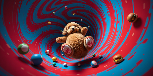 A vivid and surreal scene featuring a plush labradoodle with an absurdly large spherical belly usual.jpg