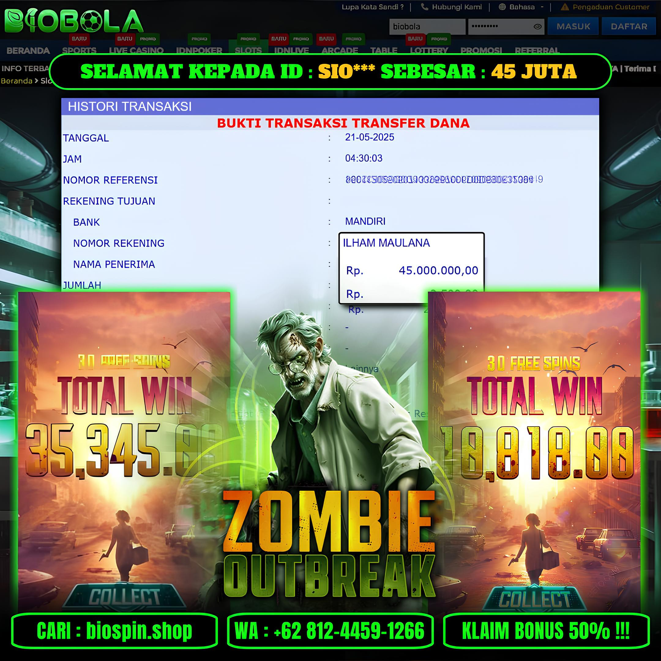 BIOBOLA  - JACKPOT DI GAME SLOT ZOMBIE OUTBREAK SEBESAR RP 45JT DIBAYAR LUNAS