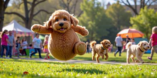 A heartwarming yet comedic scene featuring a plush labradoodle with an absurdly large spherical bell.jpg