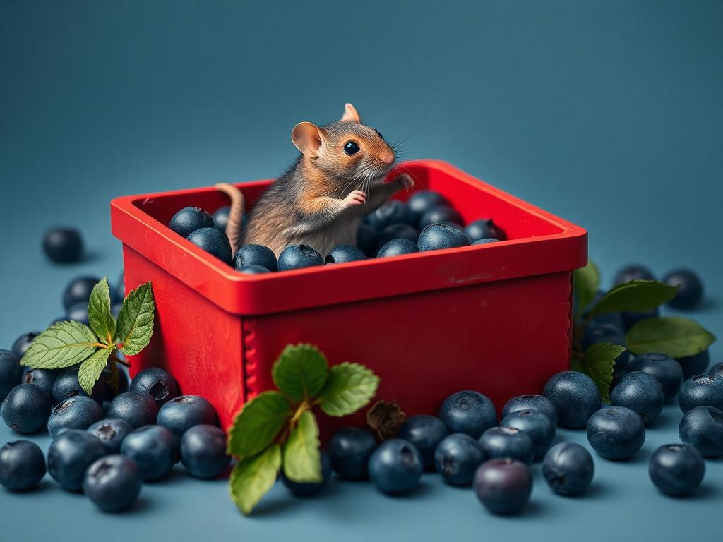 A red box of blue berries with a rat dancing inside
