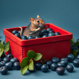 www.naked-ai.art - A red box of blue berries with a rat dancing inside