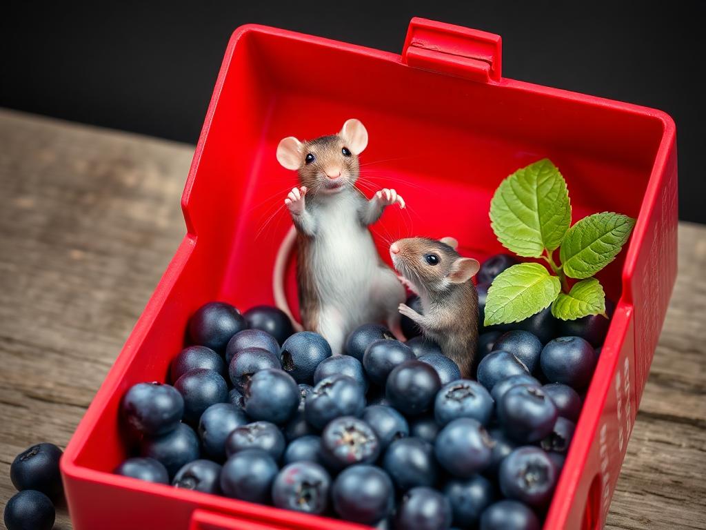 A red box of blue berries with a rat dancing inside