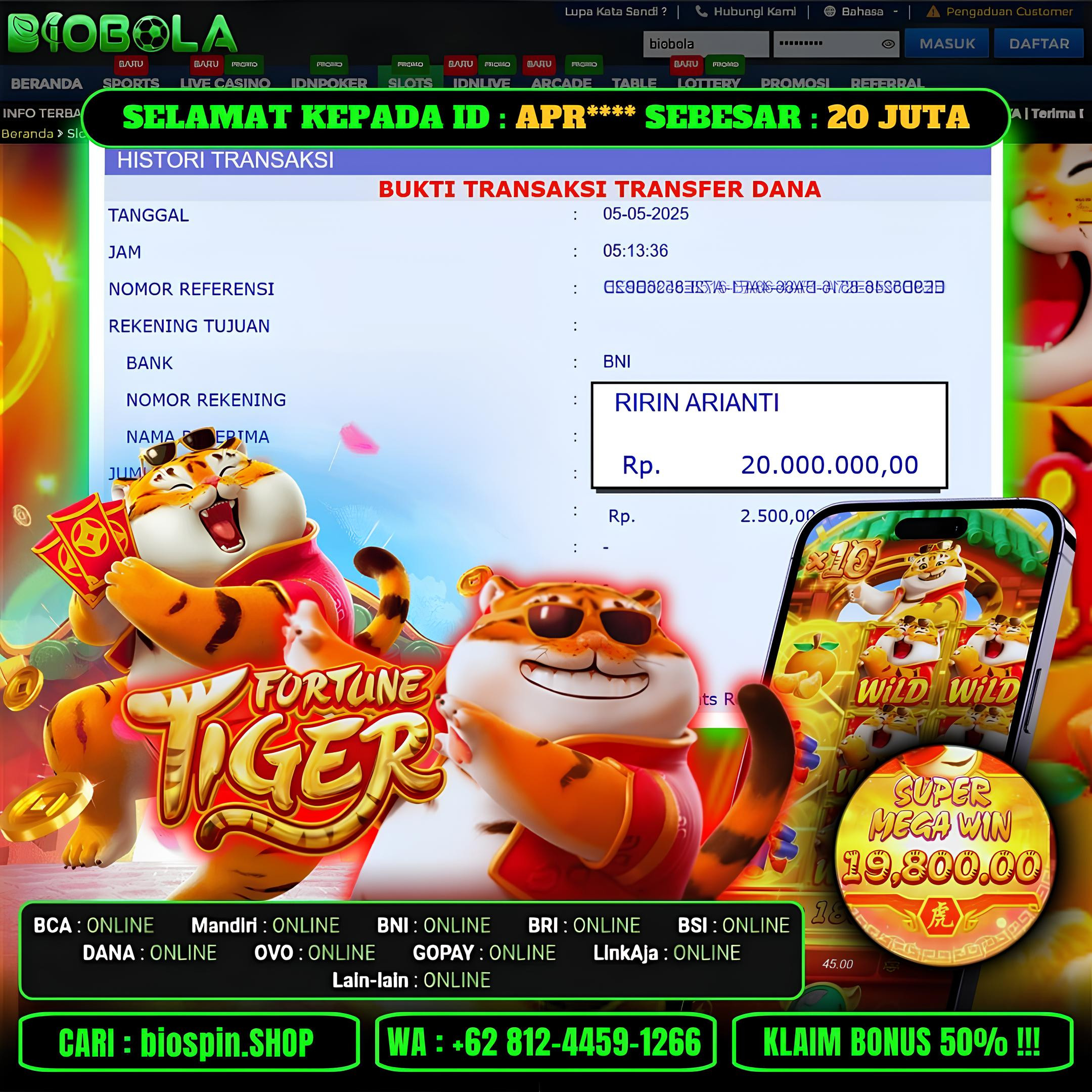 BIOBOLA  - JACKPOT DI GAME FORTUNE TIGER SEBESAR RP 20JT DIBAYAR LUNAS