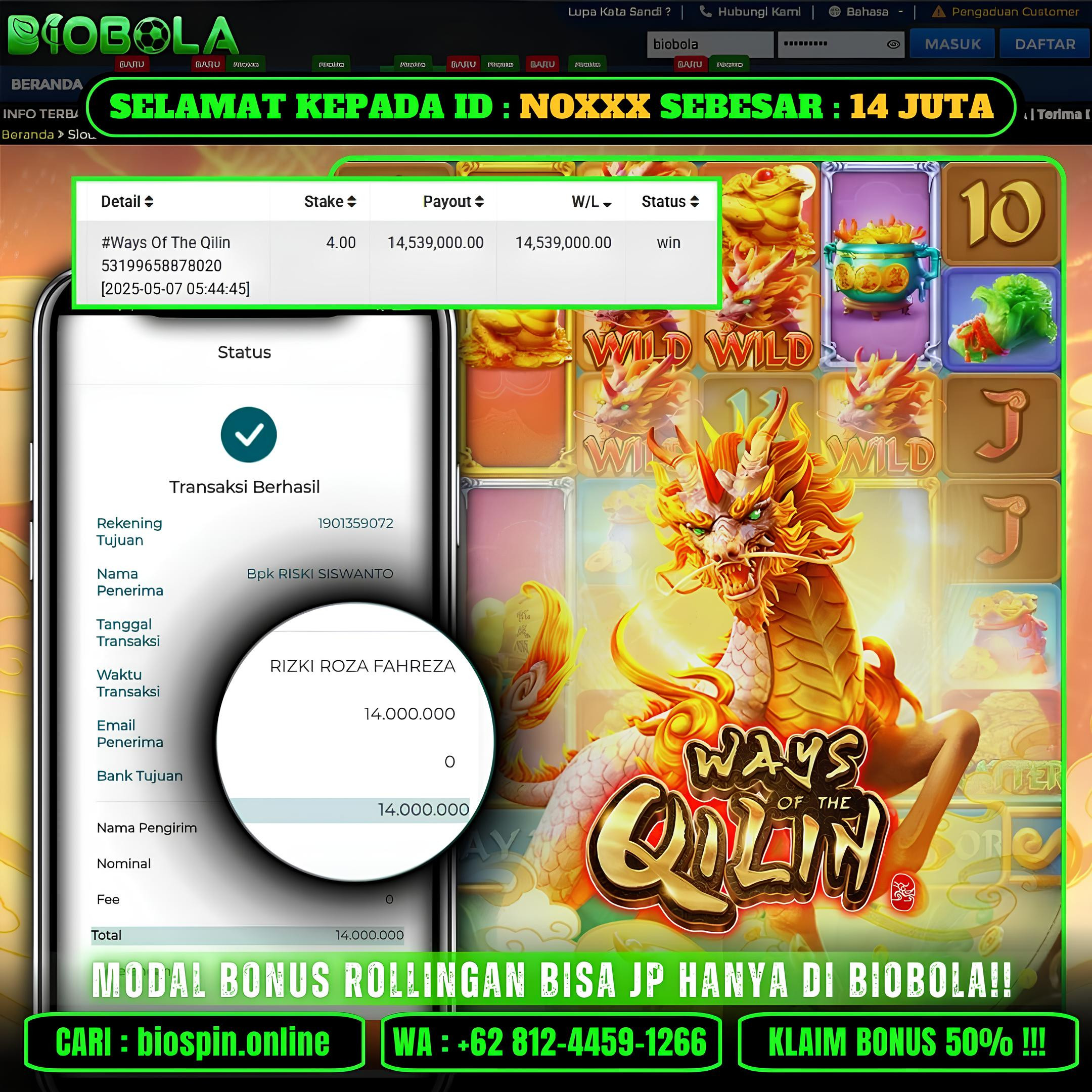BIOBOLA  - JACKPOT DI GAME WAYS OF THE QILIN SEBESAR RP 14JT DIBAYAR LUNAS